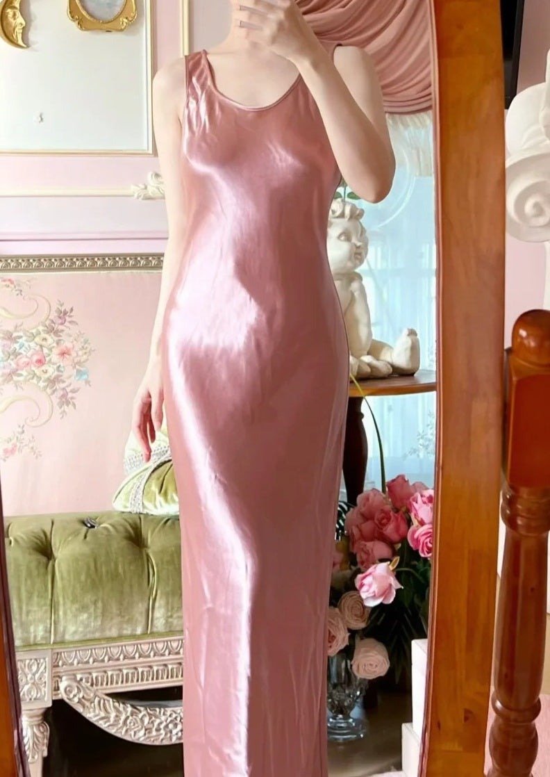 Beauty Prom Dress Pink Satin Crew Neck Evening Dress Long Cocktail Outfits Gala Gown D4999