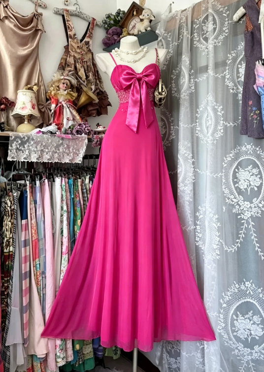 Vintage Hot Pink Bow A Line Spaghetti Straps Chiffon Prom Dress Evening Dress SH5856