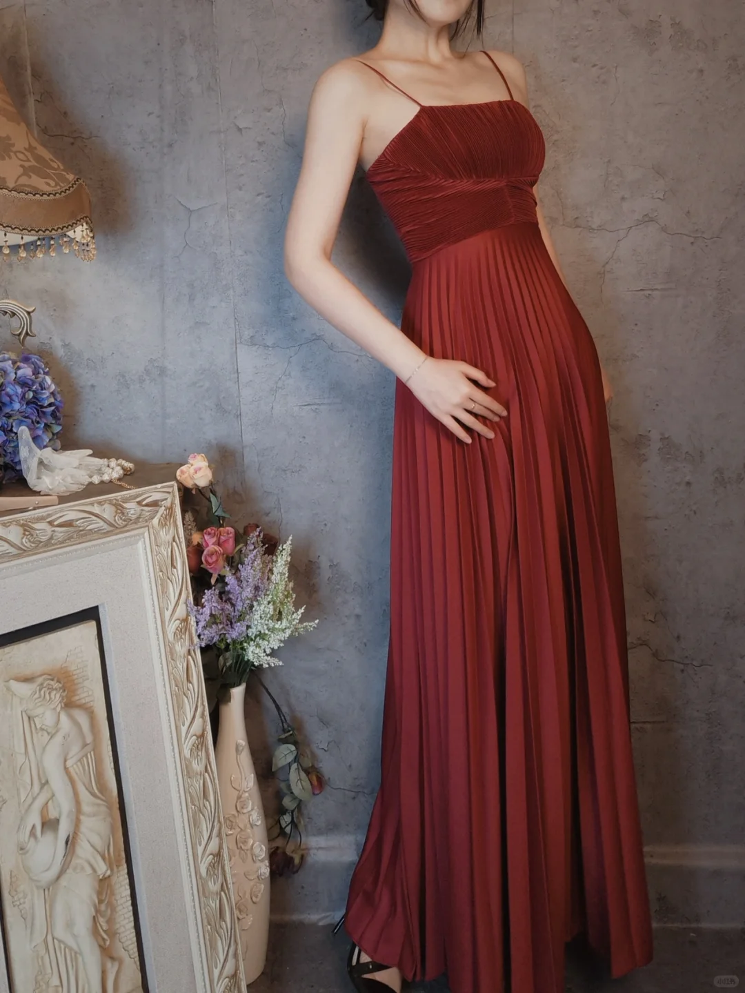 Burgundy Spaghetti Straps A-Line Satin Pleated Long Evening Party Dresses, D1158