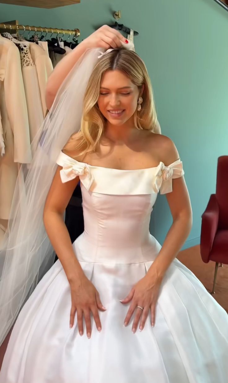 Sweety A Line Off the Shoulder Bow White Satin Long Wedding Dress SH5863