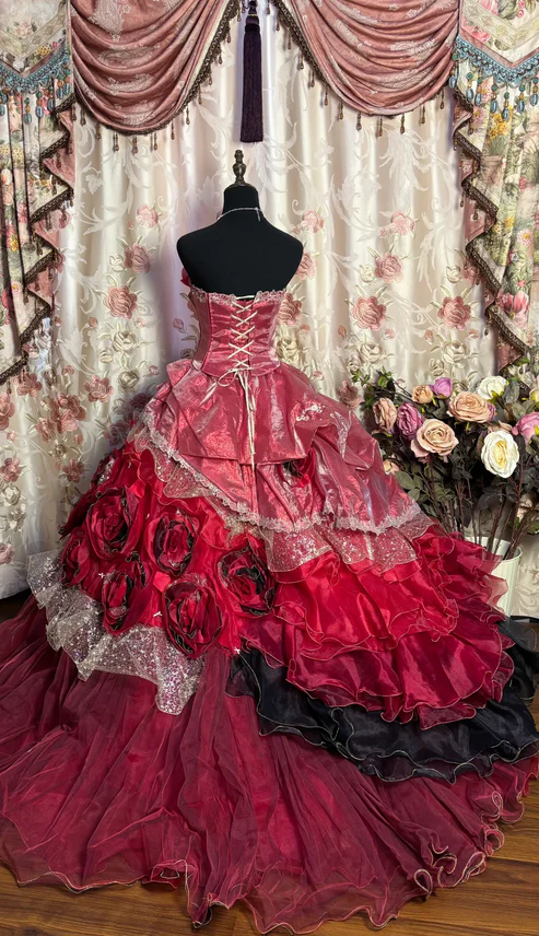 Wine Red Strapless A-Line Lace Floral Long Prom Dress Evening Ball Gown Sweet16 Dress, D767