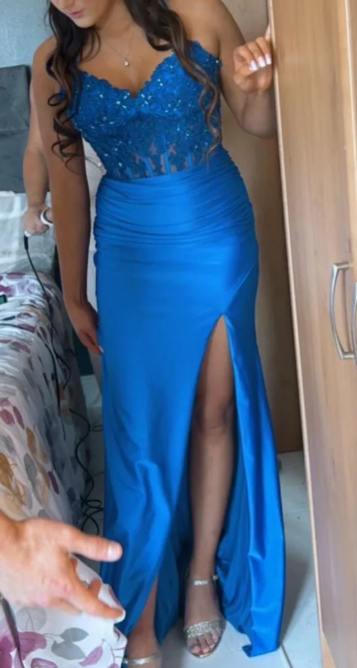 Fashion Prom Dress Blue Spaghetti Straps Slit Evening Dress Long Party Outfits Gala Gown D5007