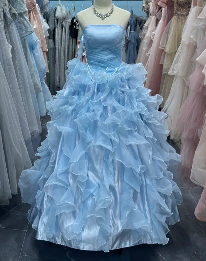 Beauty Ball Gown Light Blue Strapless Ruffle Evening Dress Gala Prom Gown Quinceanera Dress D5035