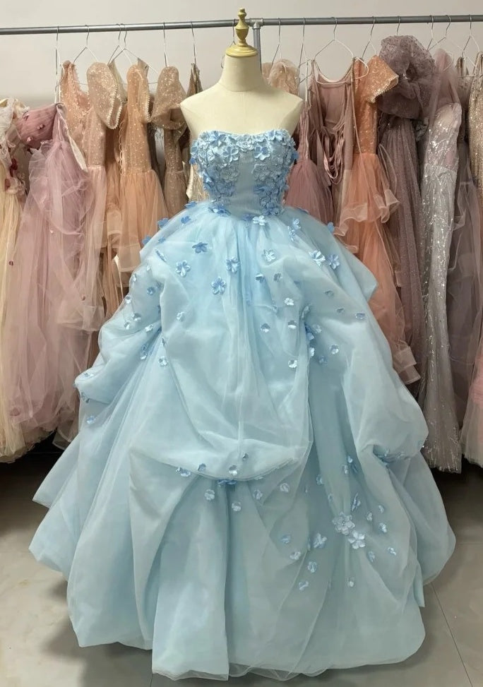 90s Ball Gown Light Blue Sweetheart Pleated Floral Quinceanera Dress Evening Dress Gala Prom Gown D5047