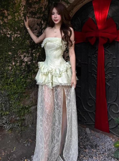 Beauty Prom Dress Light Green Strapless Slit Gala Gown Evening Dress Party Outfits D5052