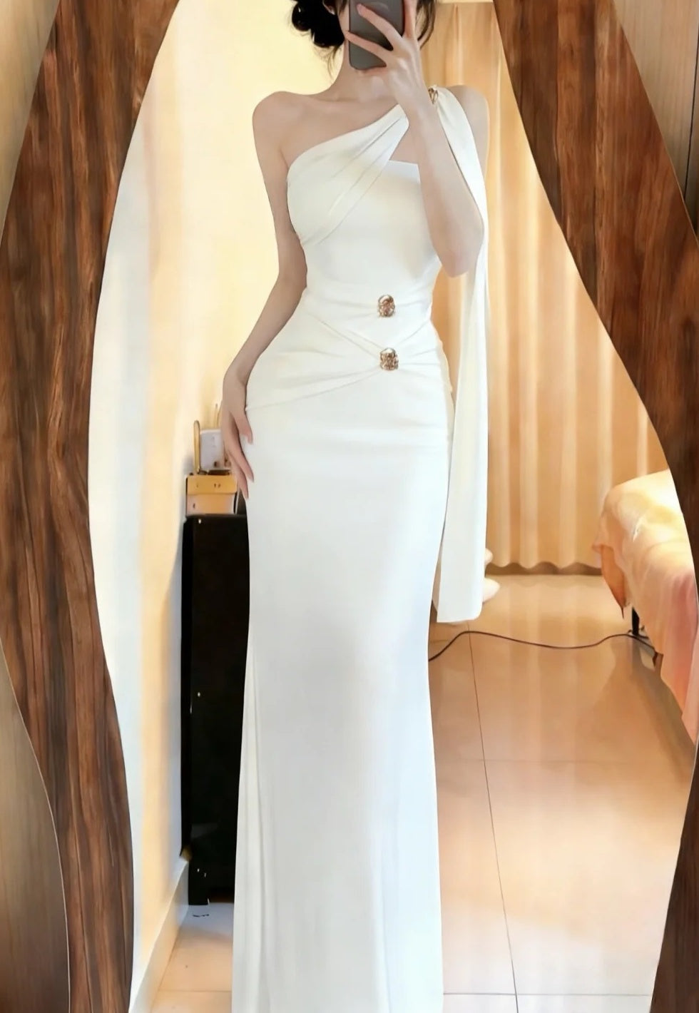 Elegant Prom Dress White One Shoulder Formal Gown Evening Dress Graduation Dress D5072