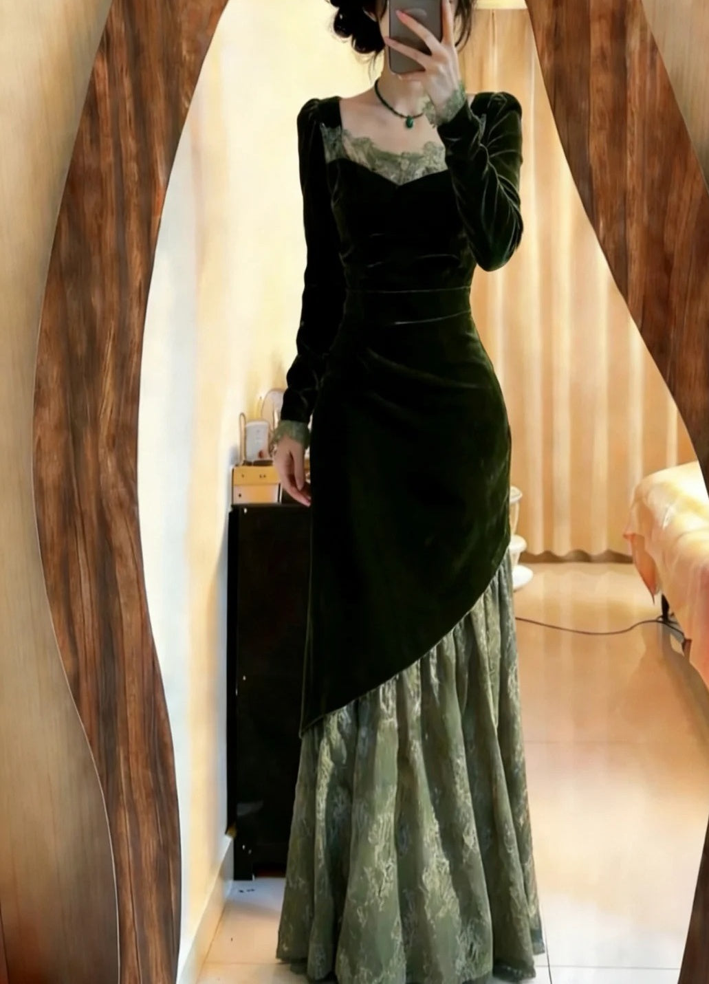 90s Prom Dress Dark Green Velvet Pleated Mermaid Formal Gala Gown Evening Dress Birthday Party Dress D5077