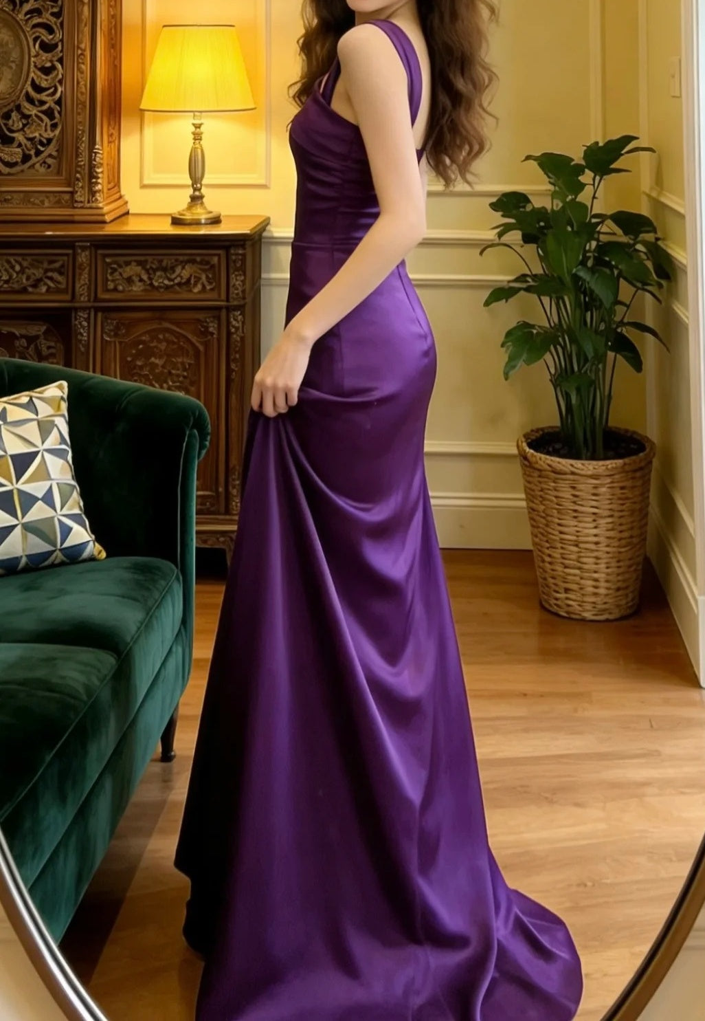 Elegant Prom Dress Purple Asymmetrical Neck Satin Formal Gala Gown Evening Dress Graduation Outfits D5105