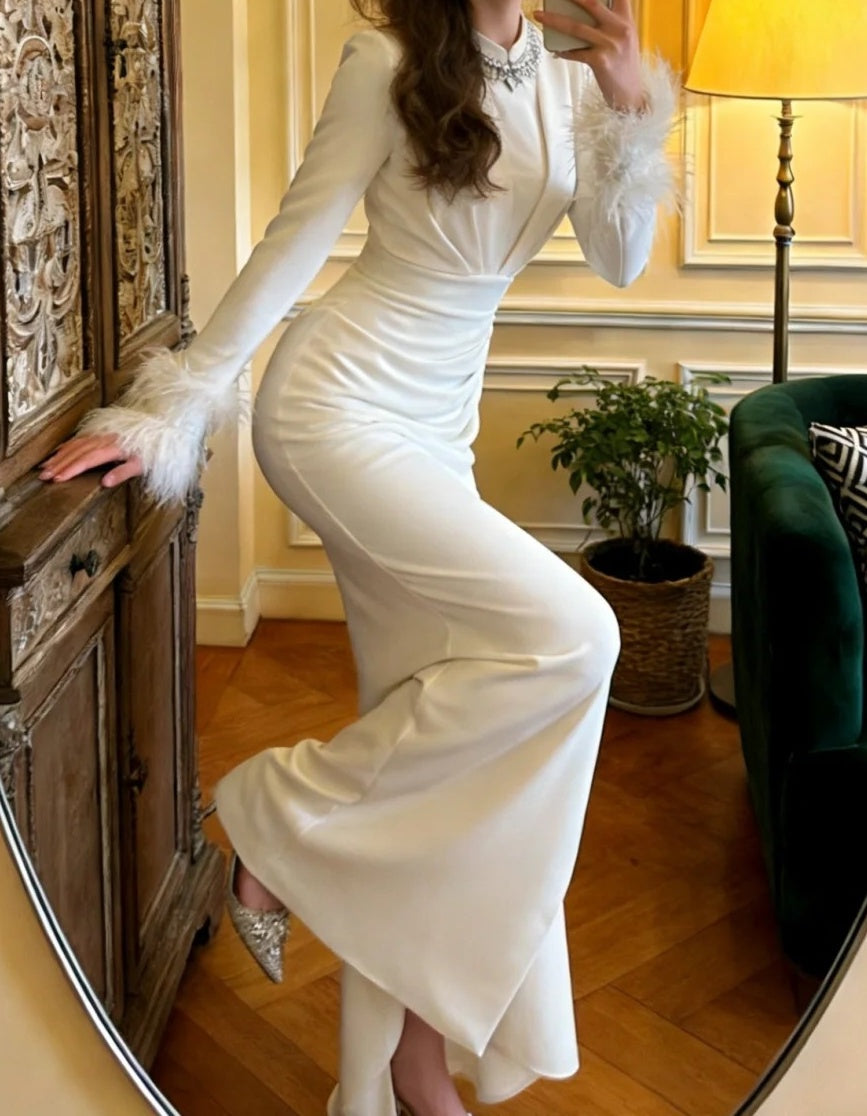 Stunning Prom Dress White Crew Neck Pleated Mermaid Gala Gown Formal Evening Dress Graduation Outfits D5110