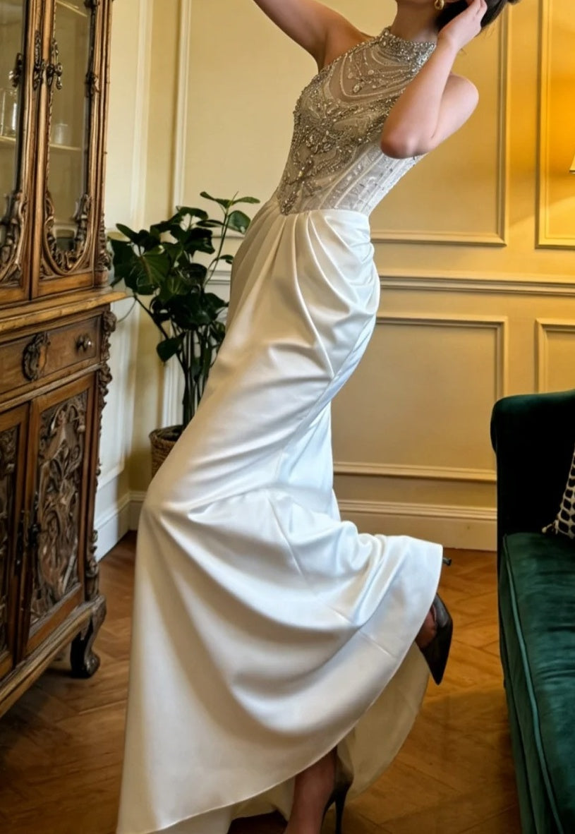 Gorgeous Prom Dress Crew Neck Beading Pleated Birthday Party Outfits Gala Gown Evening Dress D5124