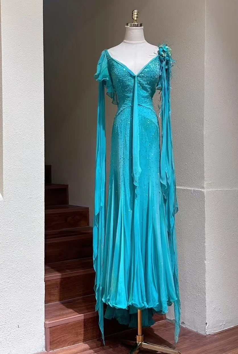 90s Beauty Prom Dress V-neck Beading Pleated Formal Gala Gown Evening Dress Birthday Party Outfits D5143