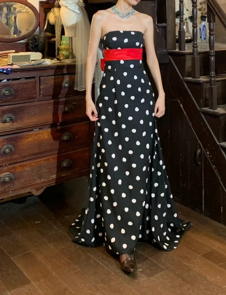 Beauty Prom Dress A Line Strapless Polka Dots Gala Gown Formal Evening Dress 18th Graduation Dress D5210