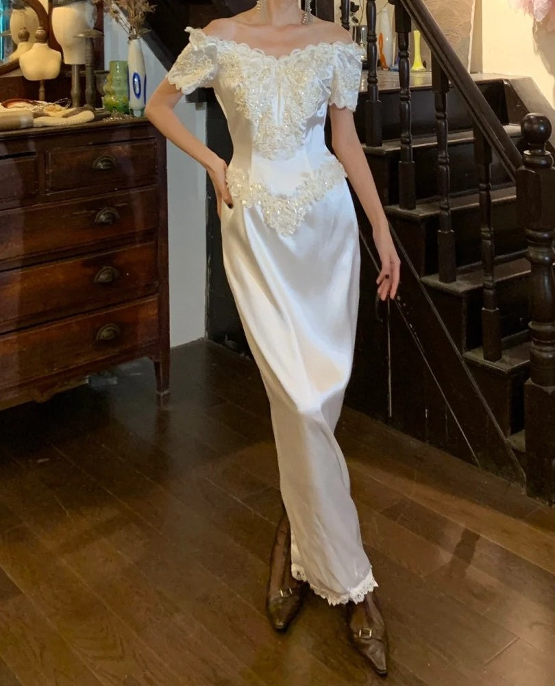 Vintage 90s Wedding Dress Off Shoulder Wedding Dress for Garden Wedding D5233