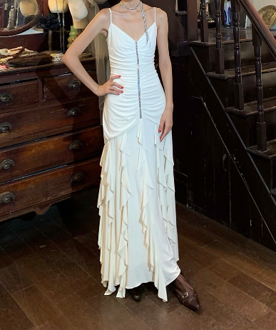 Vintage 90s Prom Dress White Spaghetti Straps Pleated Gala Gown Formal Evening Dress Graduation Dress D5242