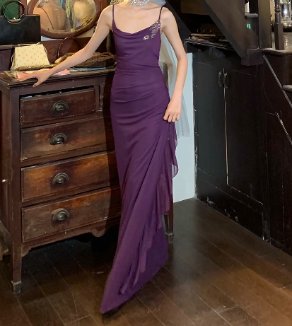 Elegant Prom Dress Purple Red Spaghetti Straps Pleated Gala Gown Evening Dress Birthday Party Dress D5245