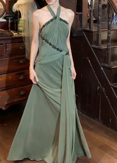 Vintage 50s Prom Dress Halter Pleated Gala Gown Evening Dress D5267