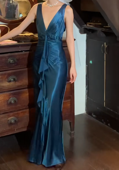 Vintage 50s Prom Dress V-neck Backless Pleated Gala Gown Evening Dress D5268