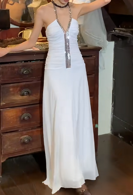 Charming 90s Prom Dress White A Line Halter Gala Gown Evening Dress D5286