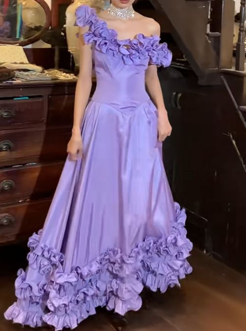 Vintage 90s Prom Dress Satin Light Purple Off Shoulder Pleated Gala Gown Evening Dress D5292