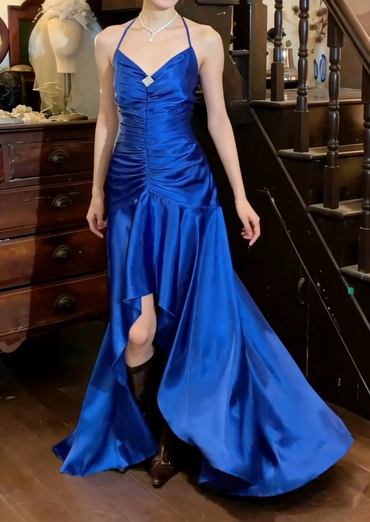 90s Prom Dress Satin Royal Blue Halter Pleated Mermaid Gala Gown Evening Dress D5295