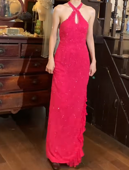 Beauty 90s Prom Dress Hot Pink Halter Birthday Party Dress Gala Gown Evening Dress D5297