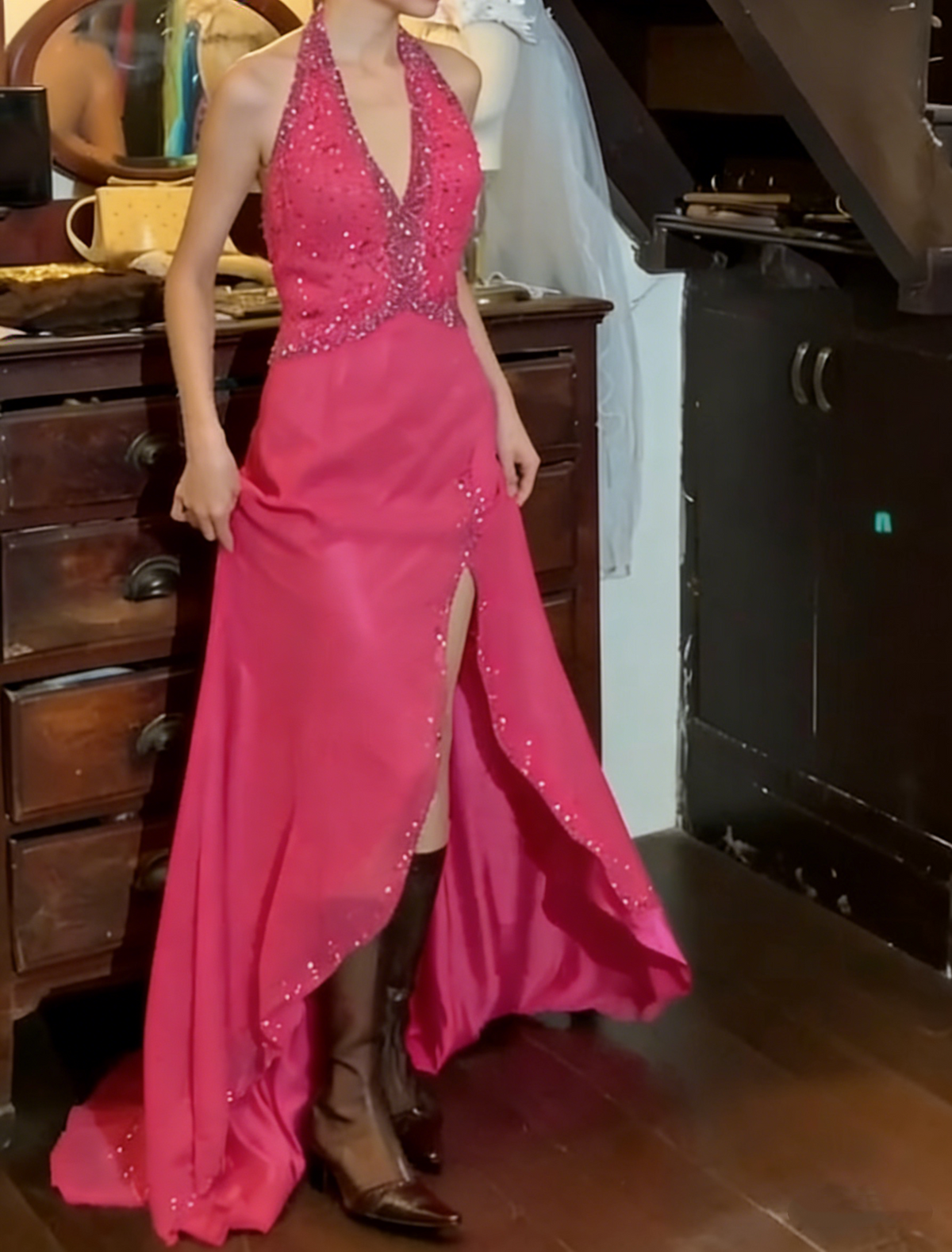 Charming 90s Prom Dress Halter Beading Slit Gala Gown Evening Dress D5312