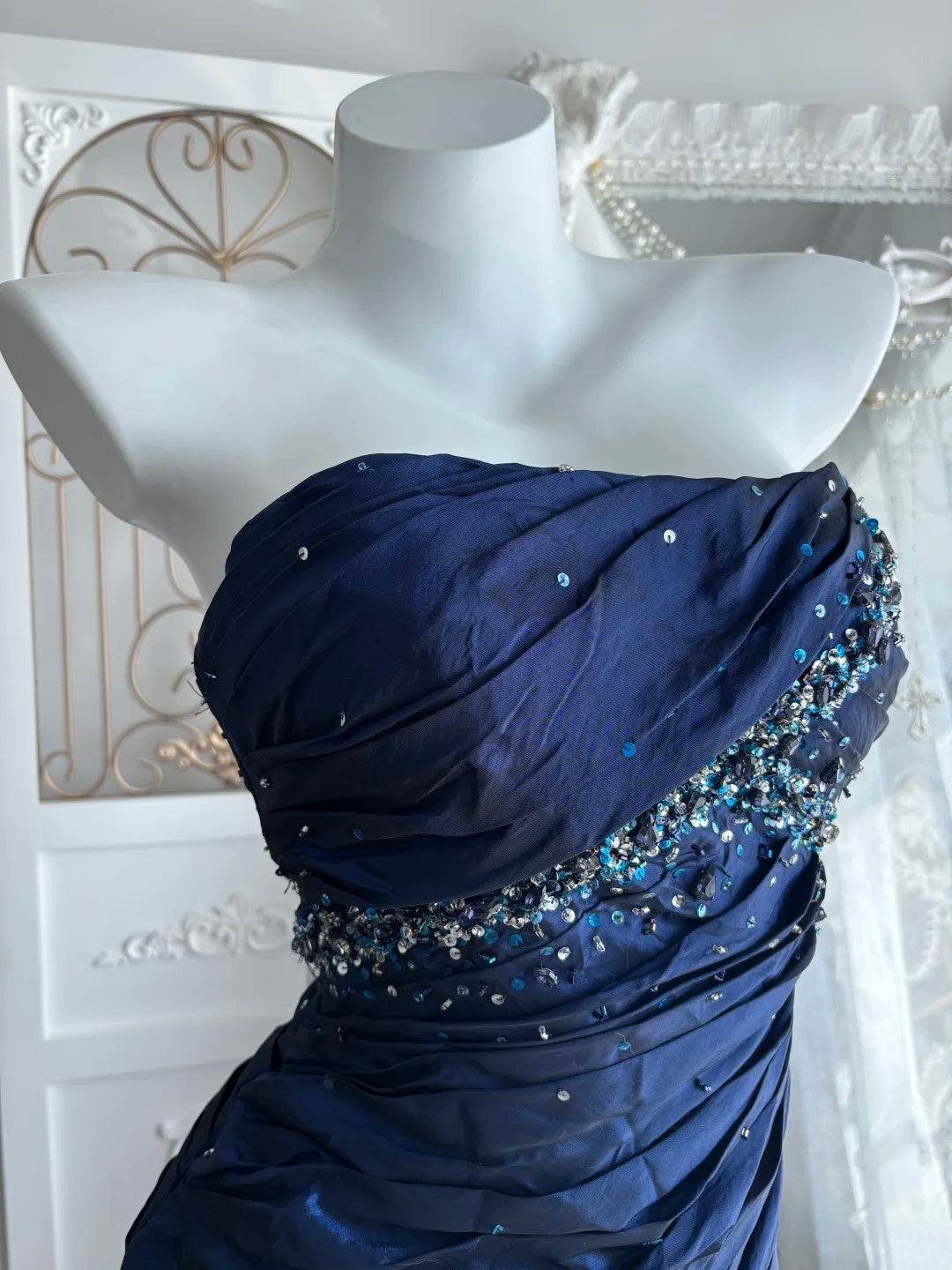 Elegant Prom Dress Dark Blue Strapless Pleated Mermaid Gala Dress Evening Dress 18th Birthday Gown D5372