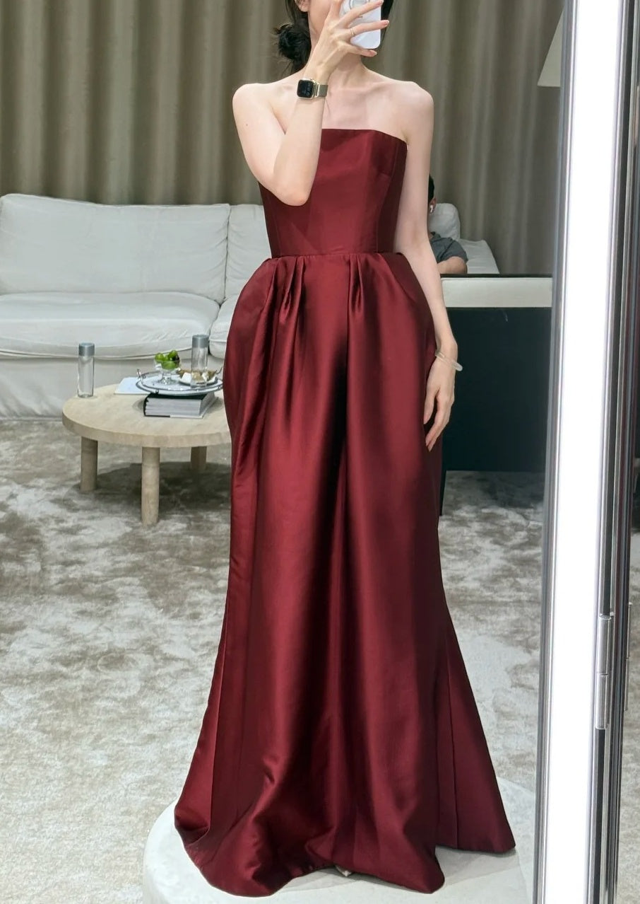 Elegant Prom Dress Wine Red Strapless Satin Gala Dress Evening Dress D5477