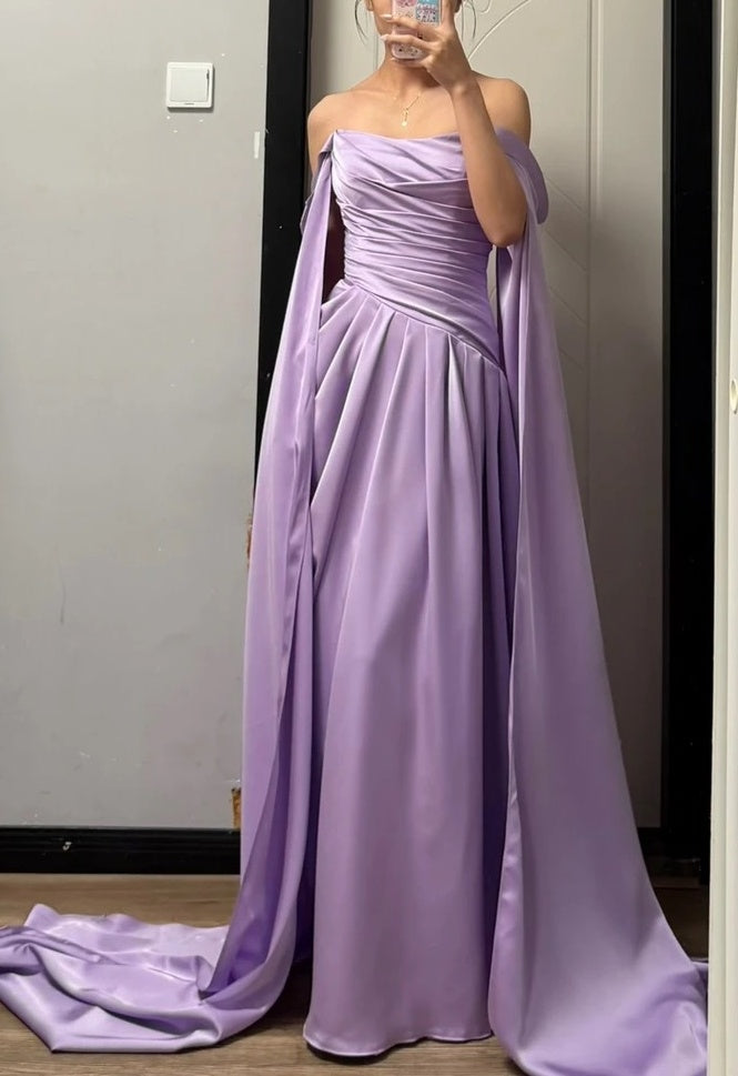 Elegant Prom Dress Satin Lilac Off Shoulder Pleated Gala Dress Evening Dress D5482