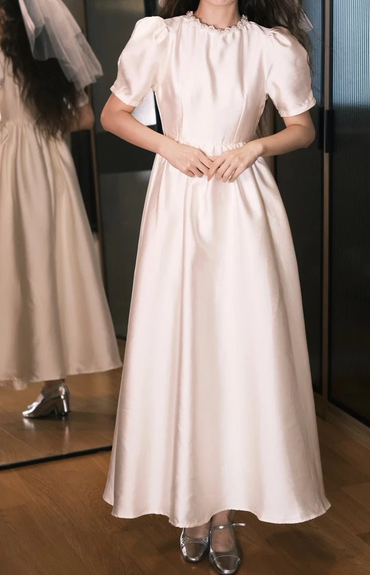Elegant Prom Dress A Line White Crew Neck Pleated Gala Dress Evening Dress D5484