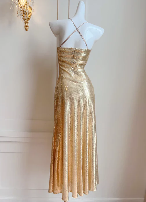 Gold Sequins Cross Back Sheath Long Party Dress Evening Gown MD7522