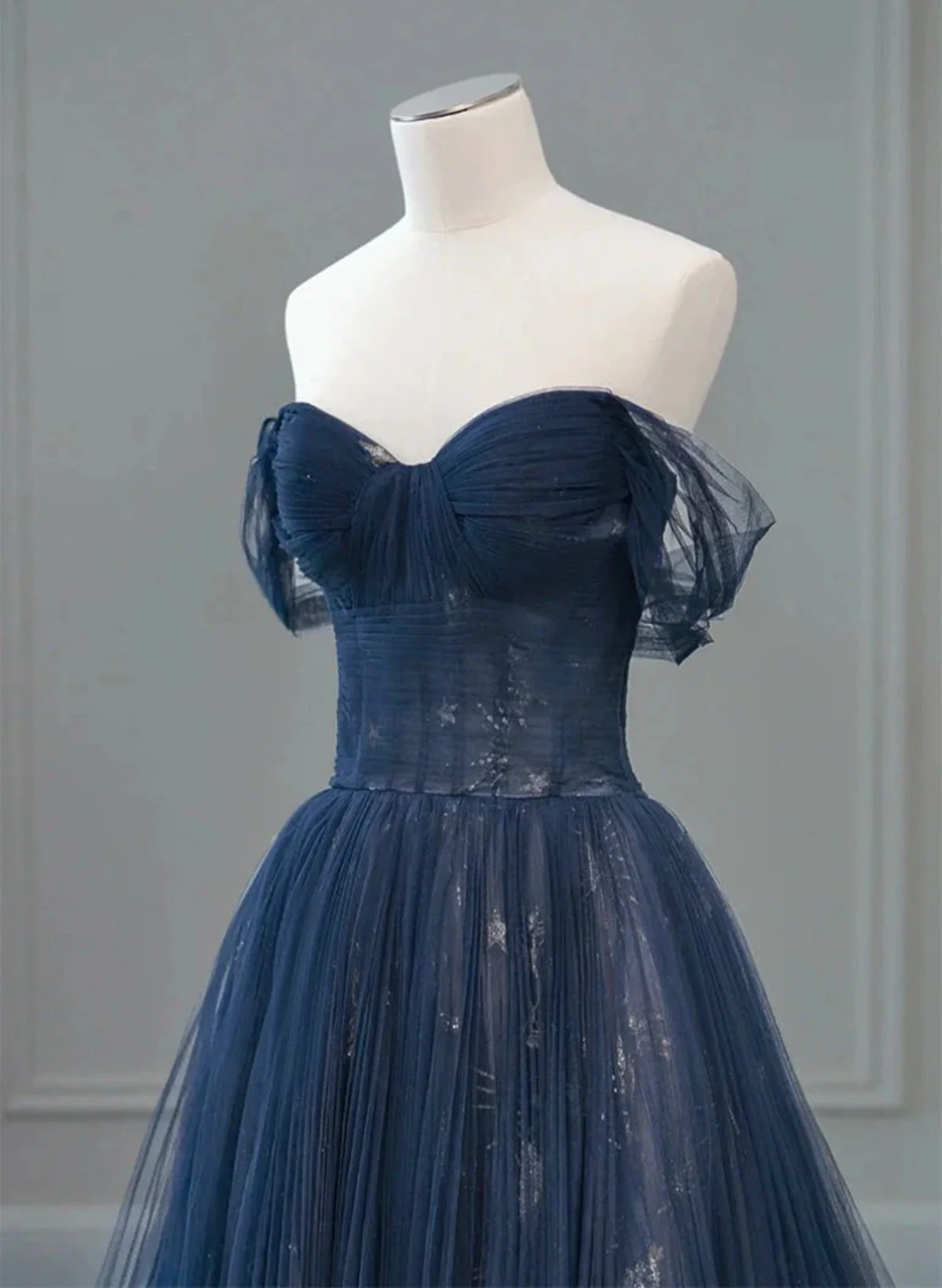 Navy Blue Off Shoulder A-Line Tulle Long Formal Party Dress MD7337