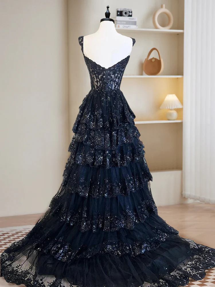 A-Line Tulle Sequin Dark Navy Long Prom Dress, Sequin Long Formal Dress MD7237