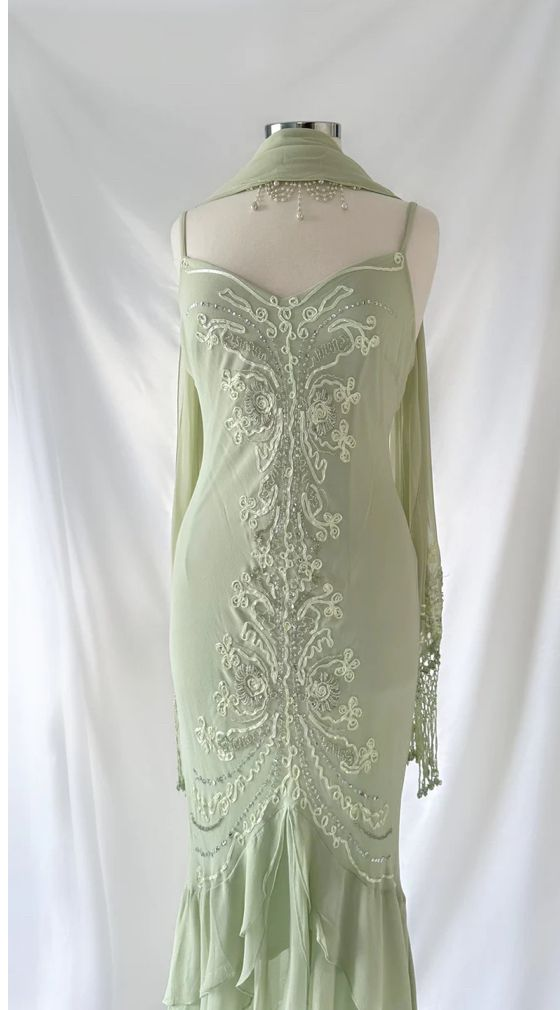 Light Sage Spaghetti Straps Mermaid Appliques Vintage Long Party Dress, D923