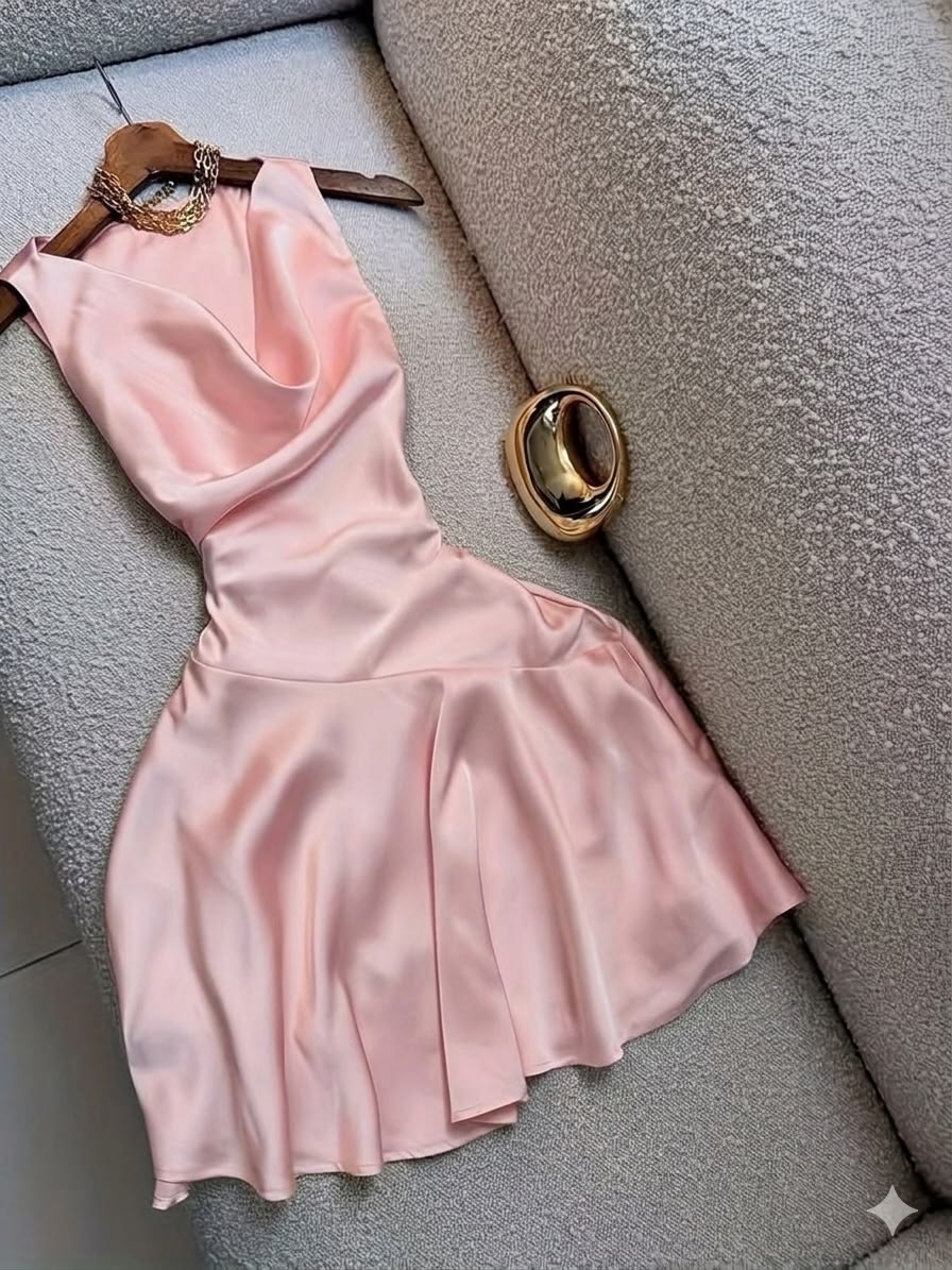 Summer A Line Flowing Neckline Pink Satin Short Homecoming Dress Outfits SH5712