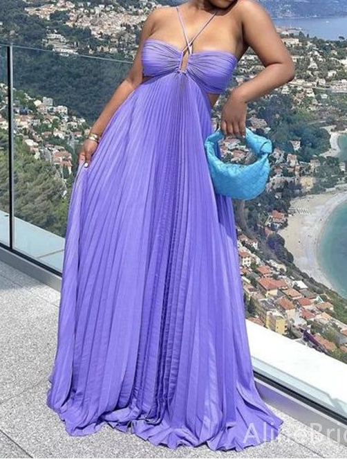 Blue Halter A-Line Open Back Pleated Satin Long Party Dress MD7318