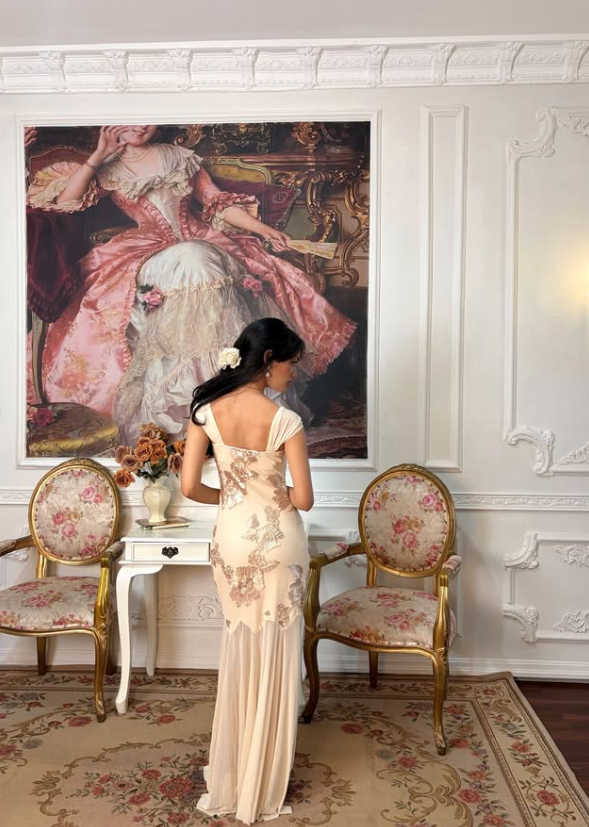 Vintage Apricot Mermaid Off the Shoulder Sequin Chiffon Long Prom Dress SH5392