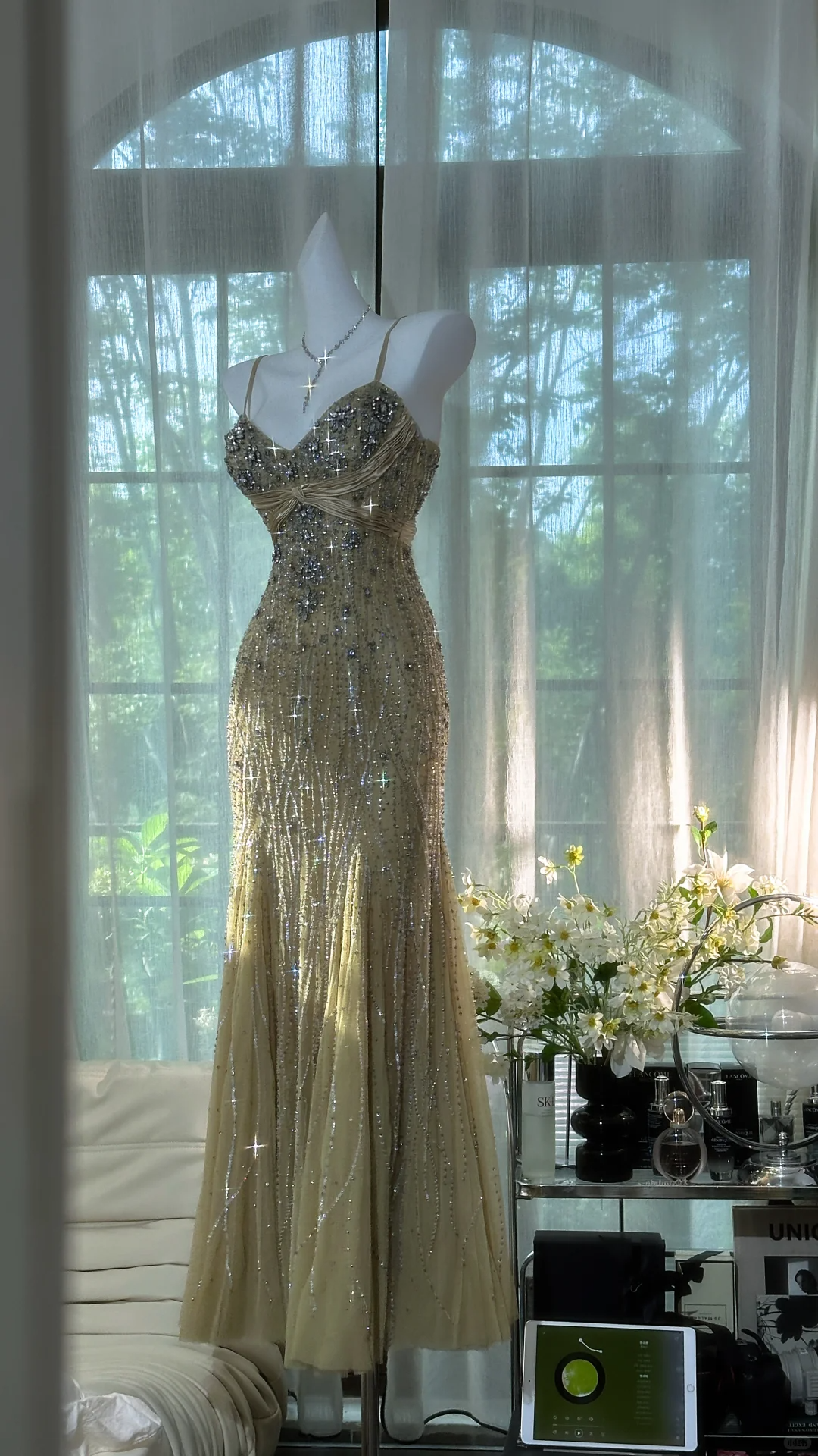 Vintage Shiny Light Green Spaghetti Strap Elegant Design A-line Beaded Romantic Chiffon Evening Dress Prom Dress D1503