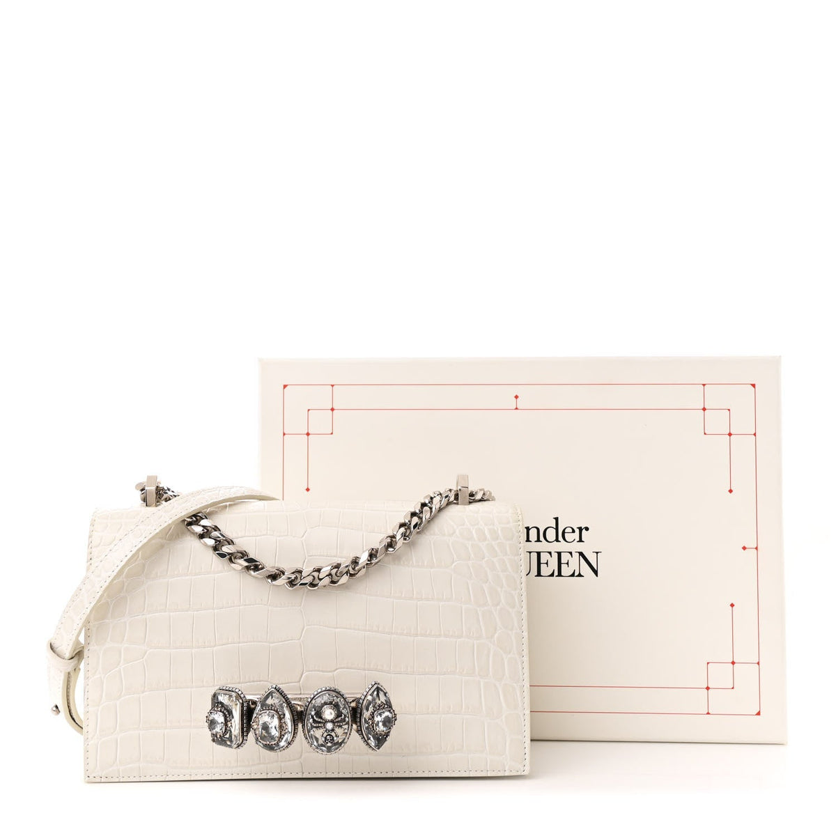 Shiny Calfskin Crocodile Embossed Knuckle Jeweled Crossbody White