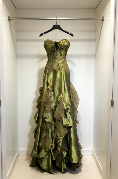 Vintage Green Mermaid Strapless Appliques Floral Satin Long Prom Dress SH5424