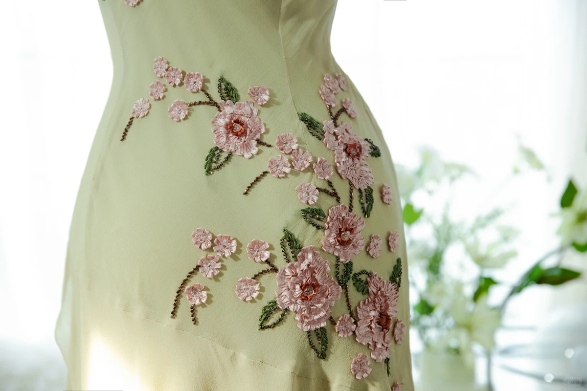 Vintage Light Green Spaghetti Strap Floral Design A-line Romantic Chiffon Evening Dress Prom Dress D1504