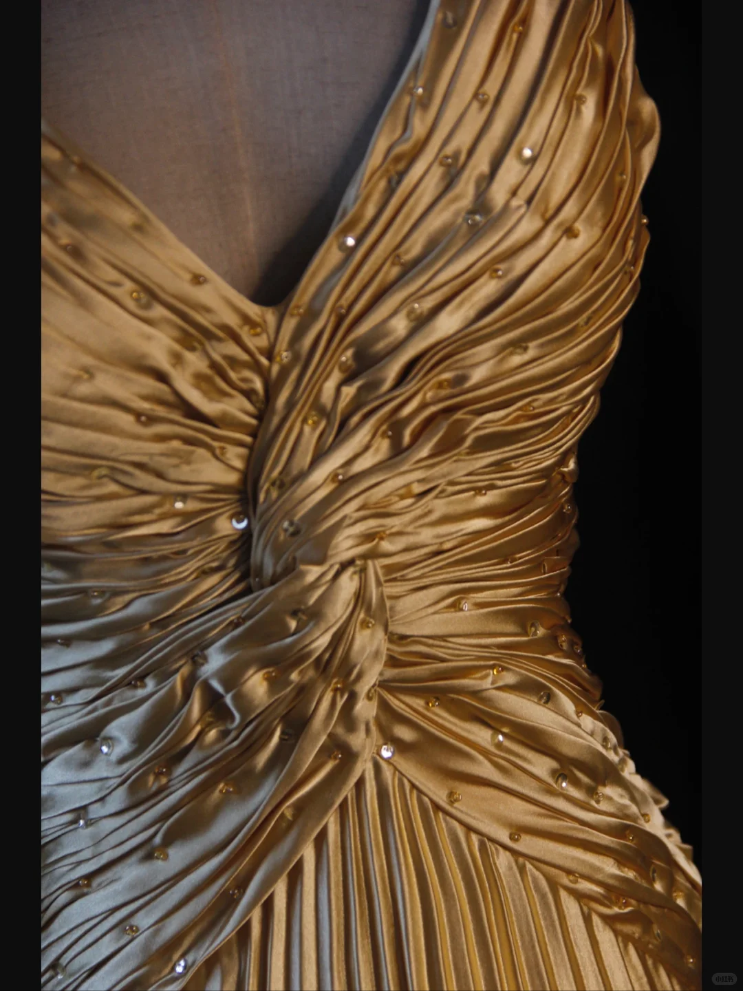 Vintage Gold A Line Spaghetti Straps Pleated Beaded Satin Prom Dress Graduation Prom Dress SH5188