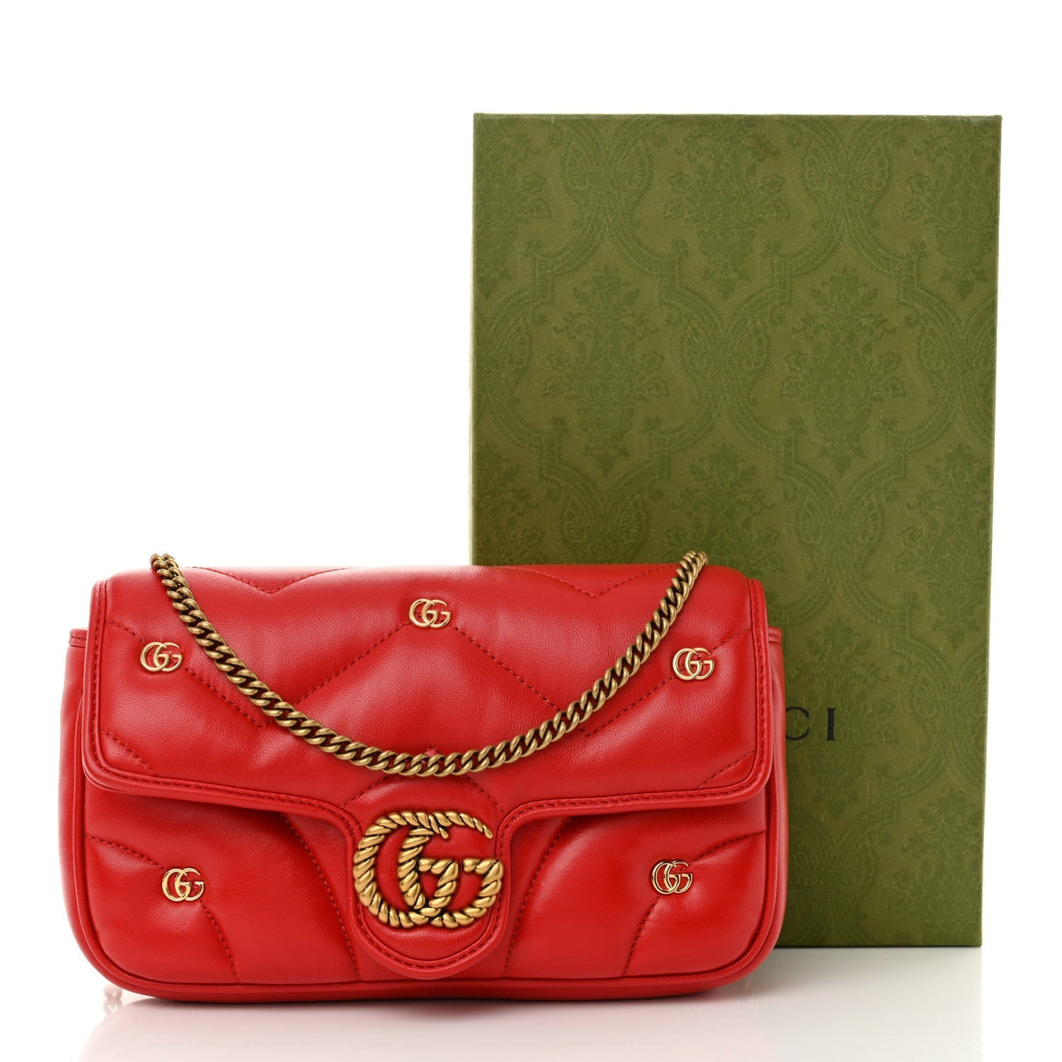 Calfskin Matelasse Double G Studs Mini Torchon GG Marmont Shoulder Bag Hibiscus Red