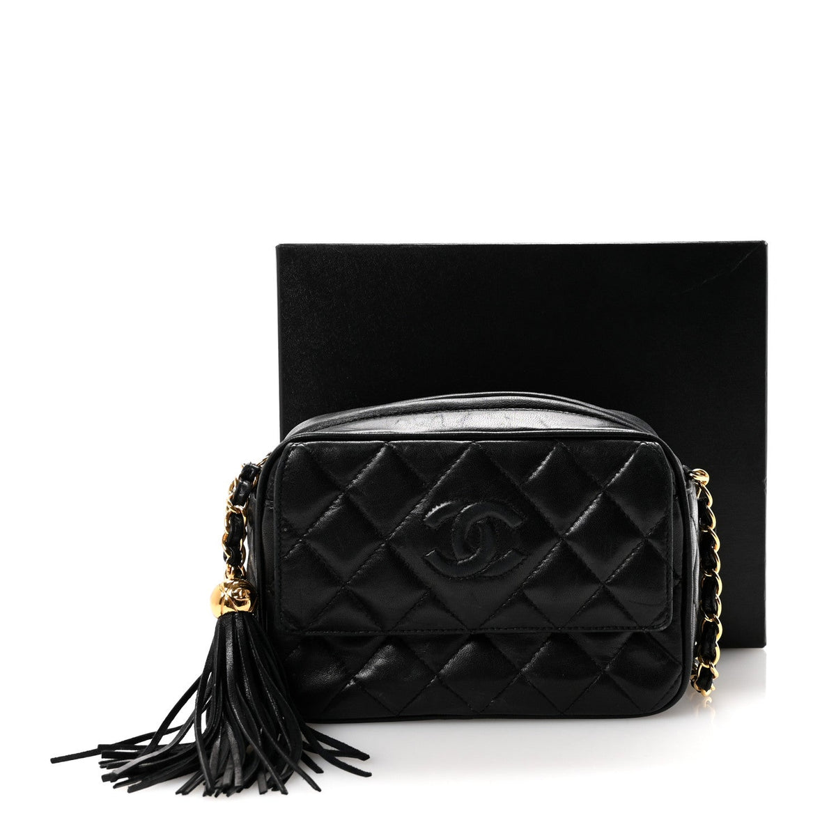 Lambskin Quilted Tassel Camera Case Black
