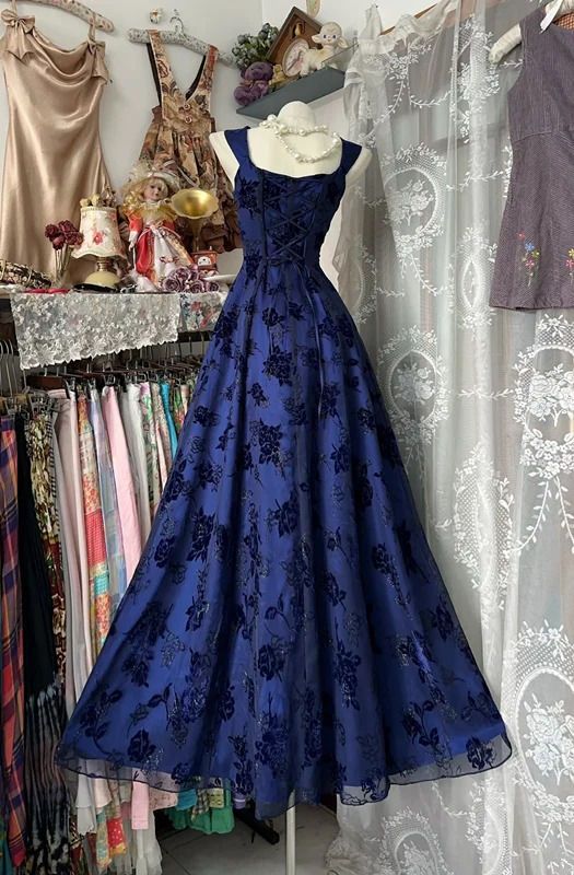 Vintage A Line Straps Print Floral Chiffon Navy Blue Satin Prom Dress SH5516
