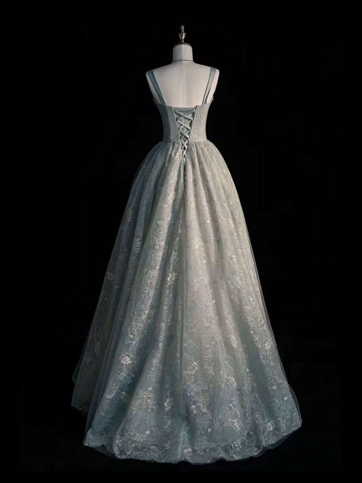 Light Blue Straps A-Line Tulle Lace Long Formal Prom Dress MD7250