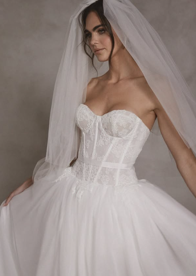 Sweety A Line Strapless White Lace Tulle Long Wedding Dress SH6035