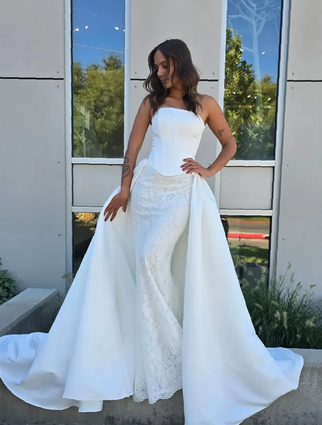 Stunning A Line Strapless Corset White Lace Satin Long Train Wedding Dress SH6199