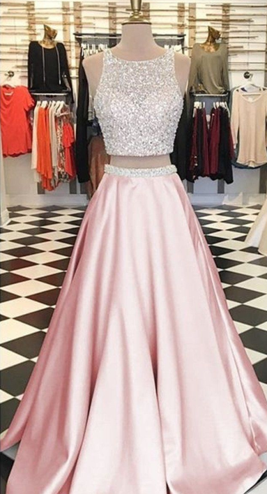 A Line Round Neck Two Pieces Beaded Pink Prom Dresses, Two Pieces Pink Formal Dresses, Pink Evening Dresses M3131
