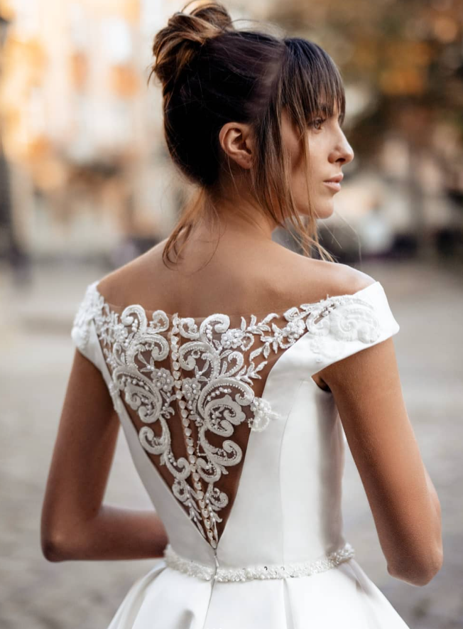 Stunning A Line Off the Shoulder Exquisite Beaded Satin Long Wedding Dress SH6040